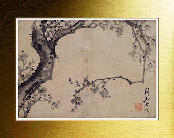 May include: A black and white ink painting of a blossoming tree branch with delicate white flowers. The painting is on a light beige background with a red seal in the lower right corner. The seal contains the text "日次".