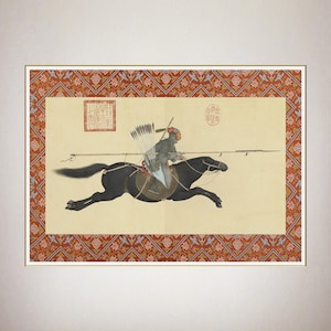 May include: A framed painting depicting a mounted archer riding a black horse at a gallop. The rider wears a grey tunic, carries a quiver of arrows on their back, and holds a long spear. The artwork features red decorative borders and red stamps.