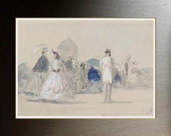 May include: A black and white sketch of a group of people in a park setting. The people are dressed in 19th-century clothing and are standing or sitting. There is a building in the background and a few trees.