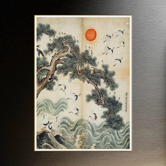 韓国のアンティークアート 鶴と太陽 松と波 長寿を願う - Etsy 日本