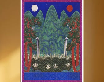 May include: An Asian-inspired landscape painting featuring a blue sky with a white moon and red sun. Green mountains, waterfalls, and red-trunked trees frame the scene. The artwork is bordered by a purple and white decorative frame.
