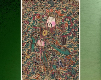 May include: A colorful painting of a Chinese deity with a long beard and a crown. The deity is holding a staff and is surrounded by clouds and other symbols. The painting is done in a traditional Chinese style.