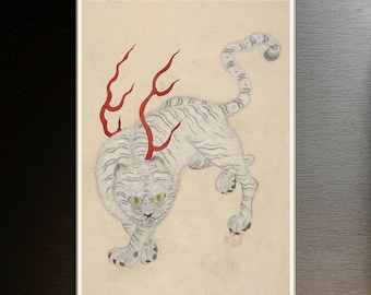 May include: A vertical art print on a light beige background featuring a white tiger with grey stripes and yellow eyes. The tiger has two bright red, branch-like structures emerging from its back and a small red circular stamp near its front paw.