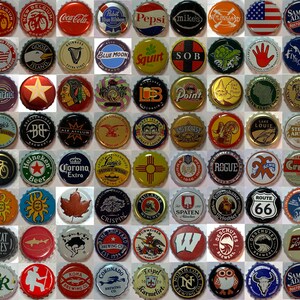 May include: A collection of colorful bottle caps with various logos and designs. The caps are arranged in a grid pattern and feature a variety of brands, including Coca-Cola, Pepsi, Heineken, Corona, and Samuel Adams.