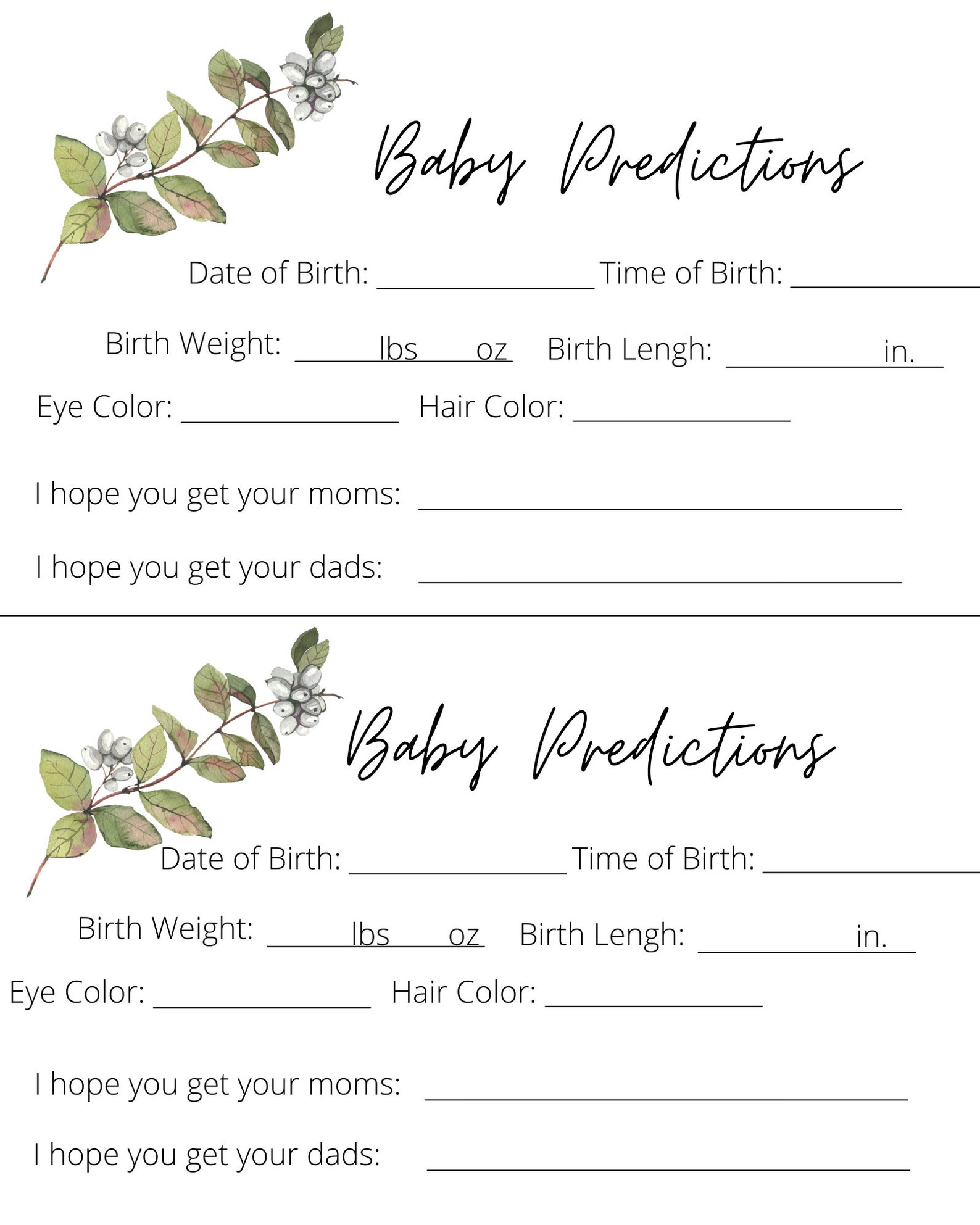 Baby Shower Game Baby Prediction Game Printable Game - Etsy