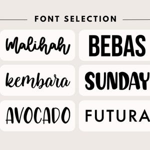 May include: A font selection chart featuring six distinct black typeface styles arranged in two columns. The text labels displayed are Malihah, kembara, AVOCADO, BEBAS, SUNDAY, and FUTURA, each presented within a white rectangular box on a light background.
