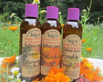 Aceite corporal natural "Infusi-astic", 8 oz. Infusión de hierbas, prueba manzanilla alemana, caléndula o semilla de rosa mosqueta