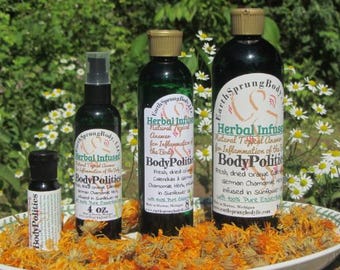 Aceite de masaje, manzanilla alemana y caléndula infundidos con aceites esenciales 100% puros