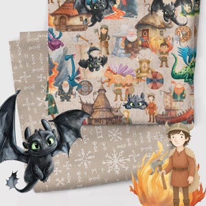 May include: A stack of patterned fabric featuring a cartoon illustration of dragons, Vikings, and Viking ships. The fabric has a tan background with white snowflake and rune patterns. A black dragon with green eyes is in the foreground.