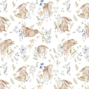 May include: A repeating watercolour pattern of brown bunnies amongst pastel flowers and foliage. The design includes daisies, blue forget-me-nots, and small bees on a white background. The bunnies are in various poses, creating a whimsical and delicate aesthetic.
