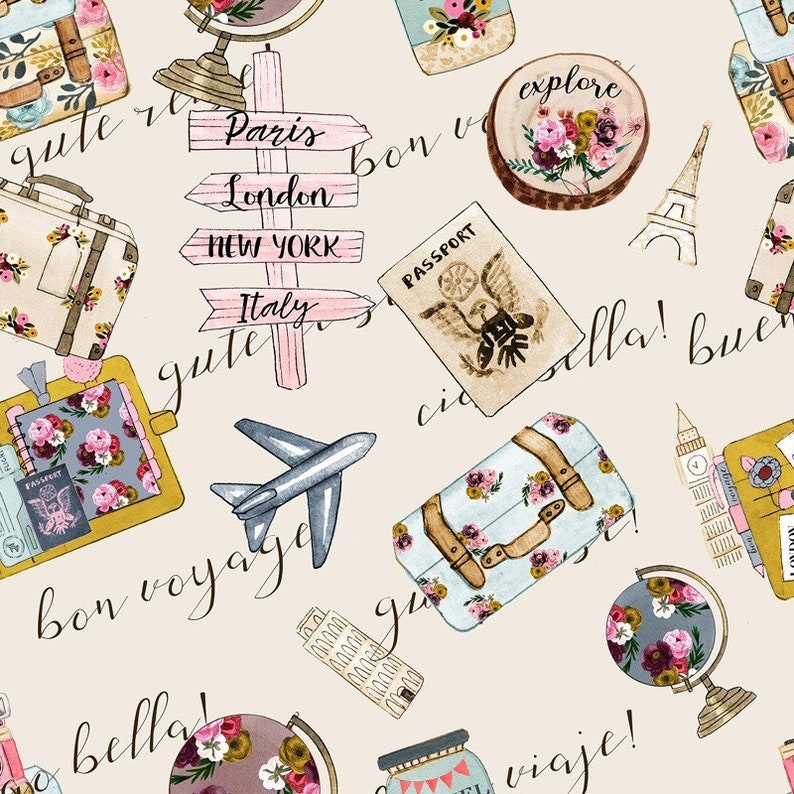 May include: A seamless pattern featuring travel-themed illustrations, including suitcases, globes, airplanes, and signs with destinations like Paris, London, New York, and Italy. The background is a light beige color, and the illustrations are in a watercolor style with floral accents.
