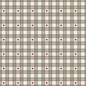 Puede incluir: Patrón repetitivo con fondo crema y cuadrícula de líneas verde oliva. Pequeños corazones rojos, espaciados uniformemente, se dispersan por el diseño. Perfecto para proyectos de manualidades y diseños textiles.