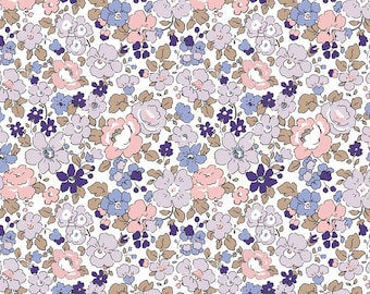 May include: A floral pattern featuring a dense arrangement of flowers in shades of pink, purple, and blue, set against a white background. The design includes various flower types and sizes, with brown leaves adding contrast. This pattern is suitable for fabric or wallpaper.