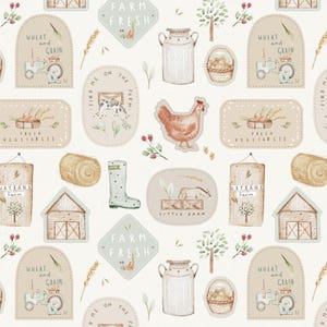 Puede incluir: Un patrón sin costuras que presenta varias ilustraciones con temática de granja, incluyendo un granero, un tractor, una gallina, una jarra de leche, una paca de heno, una bota y un letrero que dice "Farm Fresh". Las ilustraciones son de estilo acuarela y están sobre un fondo blanco.