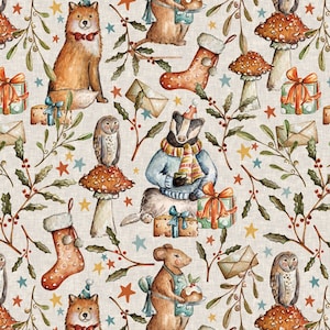 Puede incluir: Un patrón sin costuras con criaturas del bosque celebrando la Navidad. El patrón incluye un zorro, un tejón, un búho, un ratón y una media. El fondo es una tela de lino beige con bayas rojas, acebo y estrellas.