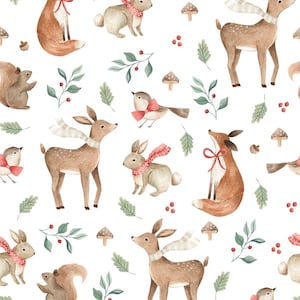 Puede incluir: Ilustración en acuarela con un patrón repetido de animales del bosque. El diseño incluye zorros, ciervos, conejos, ardillas y pájaros, todos adornados con bufandas o lazos. Hojas verdes, bayas rojas y setas están dispersas sobre un fondo blanco.