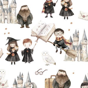 Puede incluir: Ilustración de patrón repetitivo con personajes y elementos de un mundo de fantasía. El diseño incluye figuras con túnicas negras, búhos, castillos y libros abiertos. La paleta de colores es suave, con tonos marrones, grises y dorados.