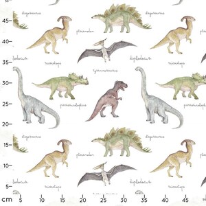 May include: White fabric featuring watercolor illustrations of various dinosaurs, including Stegosaurus, Triceratops, and Tyrannosaurus Rex. The names of the dinosaurs are written in cursive script. The design is suitable for children's apparel or nursery decor.