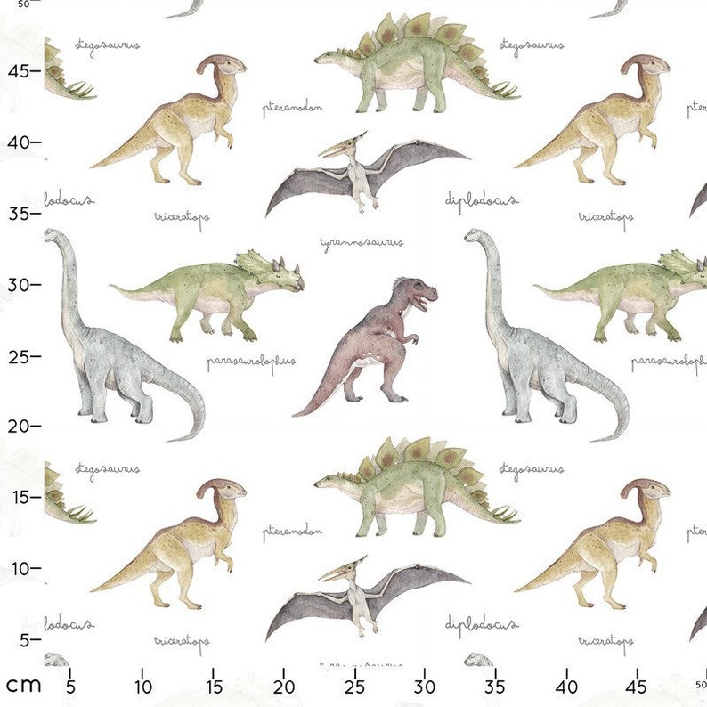 May include: White fabric featuring watercolor illustrations of various dinosaurs, including Stegosaurus, Triceratops, and Tyrannosaurus Rex. The names of the dinosaurs are written in cursive script. The design is suitable for children's apparel or nursery decor.