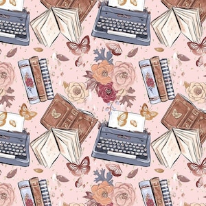 Puede incluir: Un patrón sin costuras que presenta una máquina de escribir vintage, libros abiertos, pilas de libros, mariposas y ramos de flores sobre un fondo rosa.
