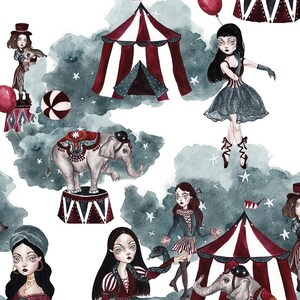 Puede incluir: Una ilustración caprichosa con temática de circo con una carpa a rayas rojas y blancas, un elefante gris, una bailarina gris y azul y una mujer con una serpiente. El fondo es una acuarela de azul y blanco con estrellas.