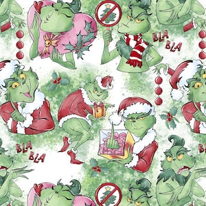 Puede incluir: Un personaje verde de Grinch con un gorro de Papá Noel rojo y una barba blanca está sosteniendo una caja de regalo. El Grinch está rodeado de decoraciones navideñas verdes y rojas. El texto "BLA BLA" está escrito en negro sobre un fondo blanco.