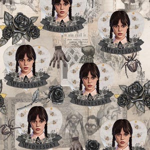 May include: A seamless pattern featuring a repeated image of a girl with black braids, wearing a black and white dress, with the word "WEDNESDAY" written in a banner above her head. The background is a vintage-style pattern with black roses, bees, and a spider.