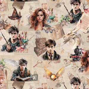 Peut inclure: Un motif sans couture représentant des personnages, des objets magiques et des symboles d'Harry Potter. Le motif comprend des images d'Harry Potter, Hermione Granger, un dragon, un train express d'Hogwarts, un vif d'or et un balai. L'arrière-plan est une texture beige ressemblant à du parchemin avec un motif de carte.