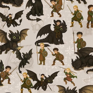 Puede incluir: Un patrón repetitivo con dragones de dibujos animados y personajes de estilo vikingo en tonos negro, marrón, verde y beige. El diseño incluye dragones con grandes alas, niños con espadas y escudos e ilustraciones de barcos vikingos.