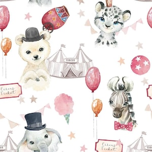 Puede incluir: Un patrón sin costuras con ilustraciones de acuarela de animales de circo, incluyendo un oso polar con un sombrero de copa, una cebra con una pajarita roja y un leopardo de las nieves. El patrón también incluye una carpa de circo, globos y estrellas.