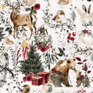 Puede incluir: Un patrón navideño caprichoso con ilustraciones en acuarela de animales del bosque como ciervos, osos y búhos, junto con elementos festivos como adornos, un árbol de Navidad y rosas. El diseño se establece sobre un fondo de escritura a mano.