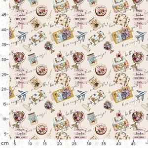 May include: A beige fabric with a repeating pattern of travel-themed illustrations. The pattern includes suitcases, globes, airplanes, Eiffel Towers, and signs with the words "Paris, London, New York, Italy". The text "Bon Voyage!" and "Bella!" are also included in the pattern.