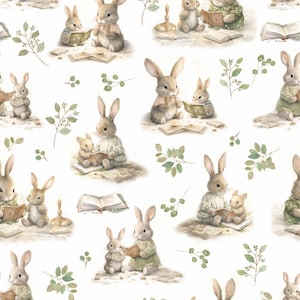 Puede incluir: Un patrón sin costuras con ilustraciones de acuarela de conejos leyendo libros. Los conejos se representan en varias poses, algunos sentados, algunos de pie y algunos sosteniendo libros. El fondo es un lienzo blanco con follaje verde.