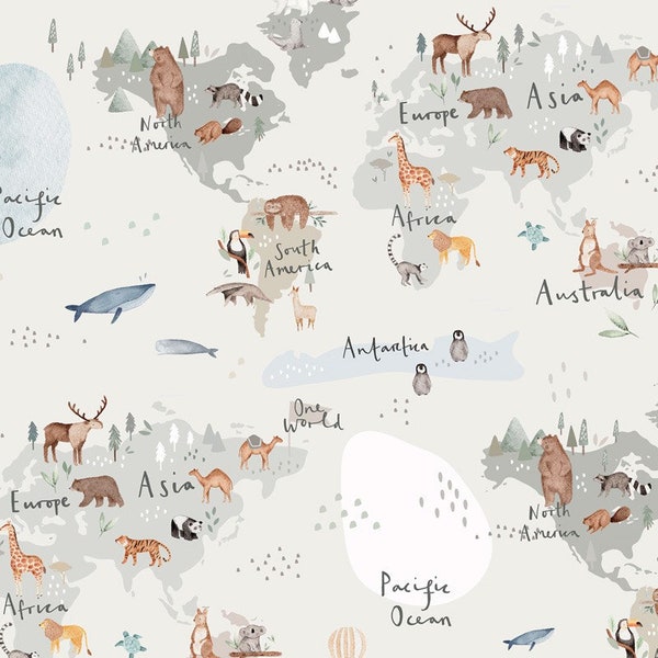 Tissu avec une carte du monde, Tissus pour enfants, Tissu en coton, Popeline de coton 100% biologique, tissus au mètre