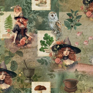 Puede incluir: Un collage de ilustraciones de estilo vintage con una bruja, un búho, setas y elementos florales. El fondo es un patrón de patchwork verde y marrón con texto escrito a mano.