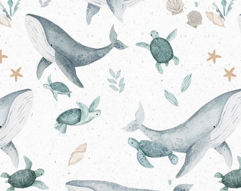 Whales fabric, cotton fabric, 100% organic cotton poplin