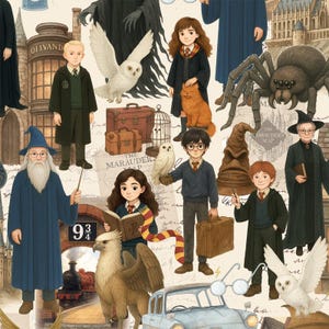 Puede incluir: Un patrón repetitivo con ilustraciones de personajes y objetos de una serie de libros de fantasía. El diseño incluye búhos, maletas, un tren y varias figuras con túnicas. La paleta de colores es suave, con tonos de marrón, azul y crema.