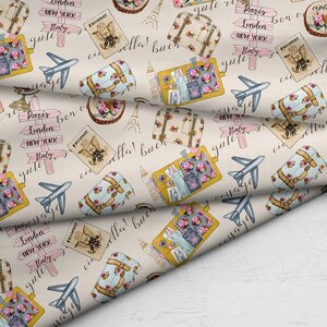 May include: A seamless pattern featuring a travel theme with suitcases, airplanes, passports, Eiffel Towers, and signs with the words "Paris", "London", "New York", and "Italy". The background is a light beige color.