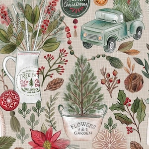 Puede incluir: Ilustración festiva con elementos navideños. Se representa una camioneta verde, un árbol de Navidad en un cubo y una jarra con ramas de abedul y bayas. La imagen tiene un estilo vintage pintado a mano sobre un fondo neutro.