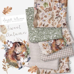 May include: A set of six fabric panels featuring a variety of autumnal designs. The panels include a brown and white gingham pattern, a beige panel with a handwritten script, a green panel with a small white floral pattern, a beige panel with a brown squirrel and leaves, a beige panel with a brown rabbit and leaves, and a beige panel with a brown squirrel and mushrooms. The panels are labeled with numbers 1 through 6.
