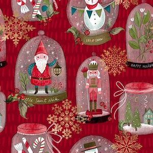 Puede incluir: Un fondo rojo con un patrón repetido de bolas de nieve. Cada bola de nieve presenta una escena navideña diferente, incluyendo un muñeco de nieve, un cascanueces, un gnomo, un pueblo de invierno y bastones de caramelo. El texto "Let it Snow" y "Happy Holidays" también está incluido en el patrón.