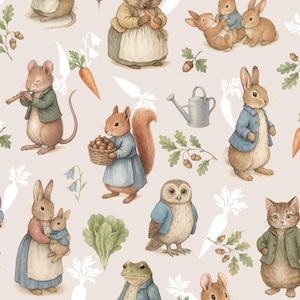 Può includere: Un motivo ripetuto con illustrazioni ad acquerello di creature del bosco. Il design include conigli, scoiattoli, gufi e topi, vestiti con abiti, insieme a carote, ghiande e altri elementi naturali su uno sfondo beige chiaro.