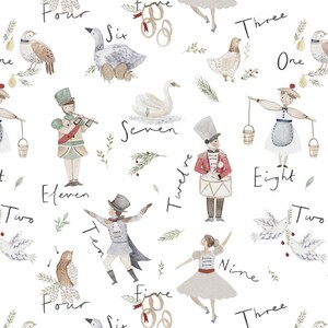 Puede incluir: Una ilustración de acuarela que representa los doce días de Navidad. La ilustración presenta una variedad de personajes y objetos, incluyendo un cisne, un ganso, un tamborilero, una bailarina y una perdiz en un peral. La ilustración está sobre un fondo blanco e incluye los números del uno al doce.