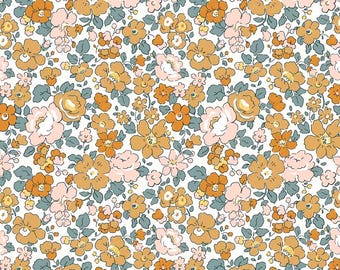 May include: A floral pattern featuring a dense arrangement of flowers in shades of orange, peach, and yellow, set against a white background. Small blue-green leaves are interspersed among the blossoms, creating a vibrant, all-over design.