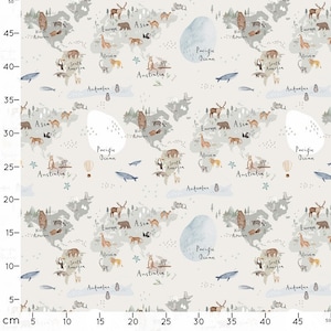 Tissu avec une carte du monde, Tissus pour enfants, Tissu en coton, Popeline de coton 100% biologique, tissus au mètre image 3