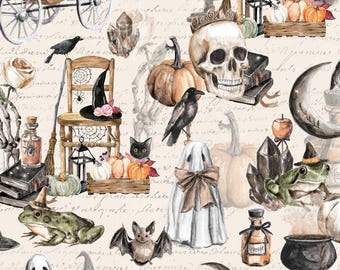 Vintage Halloween Fabric, Cotton Fabric, 100% Organic Cotton Poplin