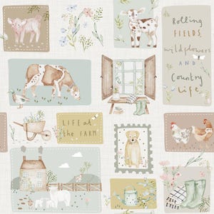 Puede incluir: Un fondo blanco con un patrón repetitivo de cuadrados de color pastel. Cada cuadrado presenta un animal de granja o una escena diferente, incluyendo una vaca, un cerdo, una cabra, un perro, una gallina, una regadera, una carretilla, una casa y una ventana. El texto "Life at the Farm" aparece en uno de los cuadrados.