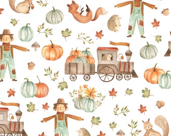 Autumn Fabric, Scarecrow Cotton Fabric, 100% Organic Cotton Poplin Halloween