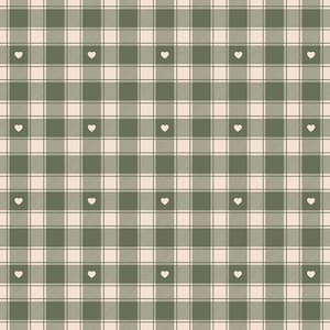 Puede incluir: Un patrón sin costuras con un diseño a cuadros en tonos verdes y rosa claro. Corazones blancos están espaciados uniformemente por todo el patrón. El diseño es adecuado para diversas aplicaciones, incluyendo tela, papel tapiz y arte digital.