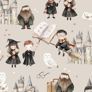 Op de afbeelding: Waterverfillustratie met personages uit een fantasieserie. De afbeelding bevat figuren in zwarte gewaden, een vliegende jongen op een bezem, een uil, een boek en een kasteel. Het kleurenpalet is zacht, met beige, bruine en zwarte tinten.